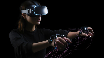 Virtual reality gaming concept with a person wearing a headset and using motion controllers