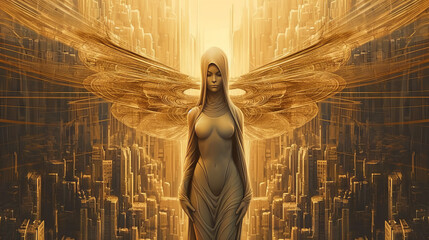 The disturbing face of artificial intelligence. Religion, fantasy, fashion, good and evil concept. Abstract and surreal looking A.I angel with wings illustration