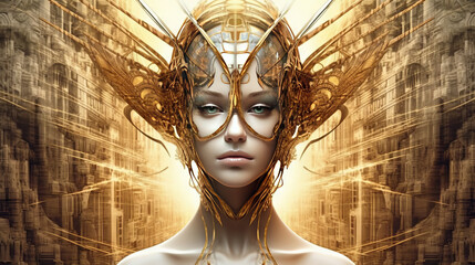 The disturbing face of artificial intelligence. Religion, fantasy, fashion, good and evil concept. Abstract and surreal looking A.I angel with wings illustration - obrazy, fototapety, plakaty