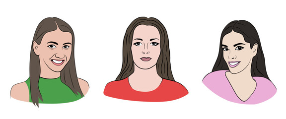 A set of faces of smiling girls, white-skinned, European. Brown-haired and brunette. Cute. Adults. Isolated on a white background. Drawing by hand.