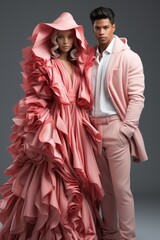 Fashionable couple in high-fashion runway outfits, showcasing avant-garde aesthetics, Generative AI