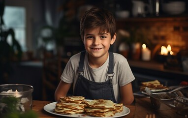 Boy eating Pancakes in Kitchen.