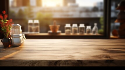 Fototapeta na wymiar Empty wooden table and blurred background, light shining in the morning in the kitchen interior.