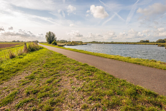 Narrow cycling and walking path on top of a Dutch dike along a creek in the Biesbosch nature reserve. The photo was taken on a slightly cloudy day at the beginning of the autumn season.
