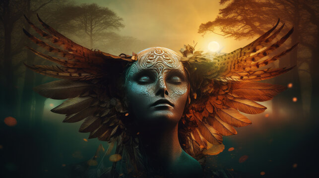 The disturbing face of artificial intelligence. Religion, fantasy, fashion, good and evil concept. Abstract and surreal looking A.I angel with wings illustration