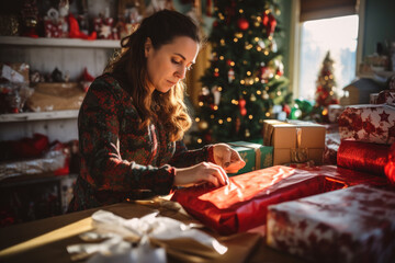 Hands wrapping Christmas presents for loved ones. Generated AI.