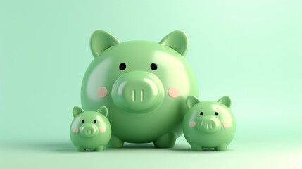 Green pigs family, piggy banks isolated on green background - Green investment success, eco savings concept