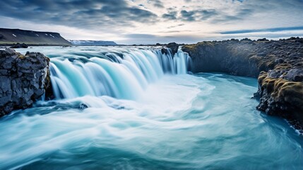 Water flow with great force Cascade of Goddess. River location in Iceland