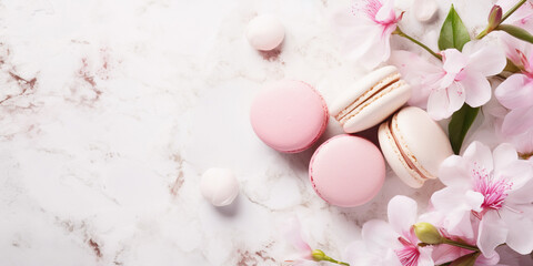 Naklejka na ściany i meble Gourmet macaroon dessert with pink flowers, creating a delicate and festive scene.