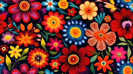 Fototapeta na wymiar Seamless pattern background of traditional homemade hispanic floral textile with vibrant colors