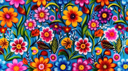 Seamless tile, background photo of traditional homemade hispanic floral textile with vibrant colors