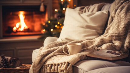 Photo of a cozy scene of a cup of coffee, a book and a warm blanket on a couch next to a fireplace