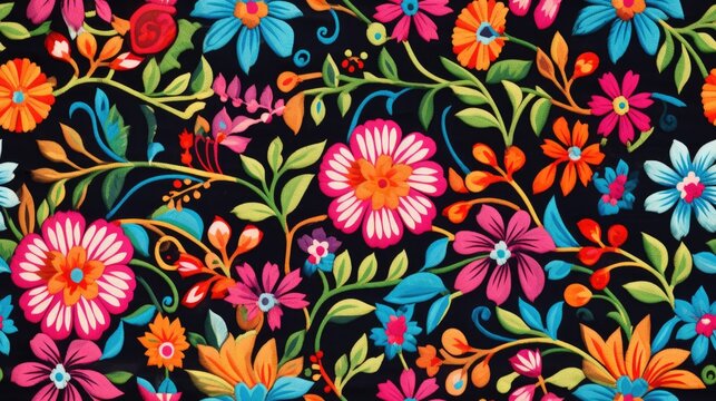 Seamless pattern, traditional homemade hispanic floral textile background with vibrant colors