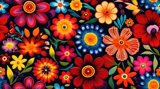Seamless pattern background of traditional homemade hispanic floral textile with vibrant colors