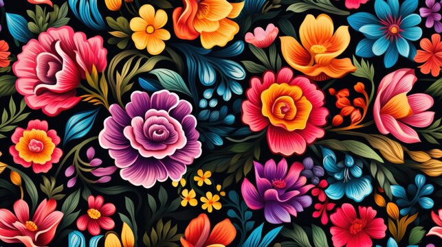 Background of a traditional homemade hispanic floral textile, vibrant colors and seamless pattern
