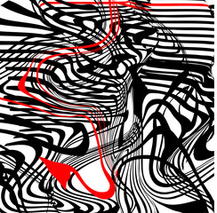 A distorted abstraction with thick lines and a red stripe that looks like a little devil's tail.