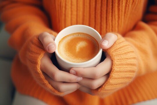 Female hands in orange sweater holding white cup of coffee. Cozy time in autumn. Close up.