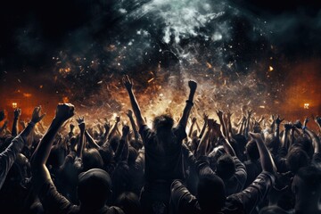 Concert crowd at a rock concert with raised hands and smoke in the background, cheering crowd at a rock concert, AI Generated