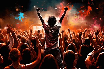 Crowd of people with raised hands at a live music festival, cheering crowd at a rock concert, AI...