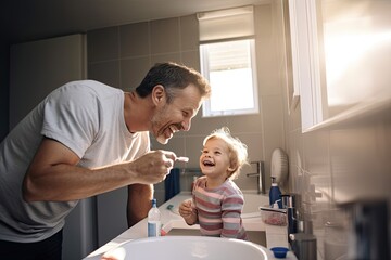 Father and daughter brushing teeth in the bathroom at home. Happy family concept, Child dad and brushing teeth in a family home bath, AI Generated - Powered by Adobe