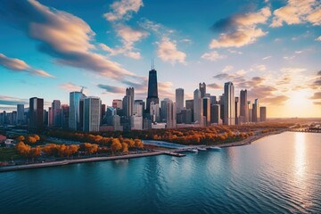 Fototapeta premium Aerial view of Chicago downtown skyline at sunset, Illinois, USA, Chicago skyline aerial drone view from above, AI Generated