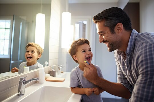 Father And Son Brushing Teeth Together In Bathroom At Home, Child dad and brushing teeth in a family home bath, AI Generated