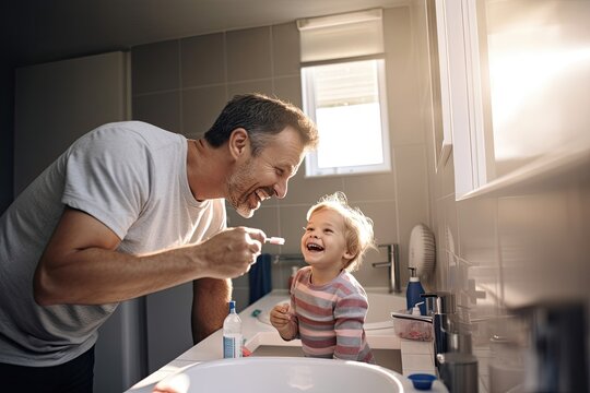 Father And Daughter Brushing Teeth In The Bathroom At Home. Happy Family Concept, Child Dad And Brushing Teeth In A Family Home Bath, AI Generated