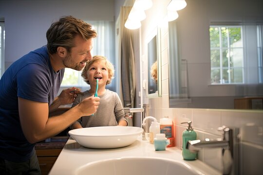 Father And Son Brushing Teeth In Bathroom At Home Together, Child dad and brushing teeth in a family home bath, AI Generated
