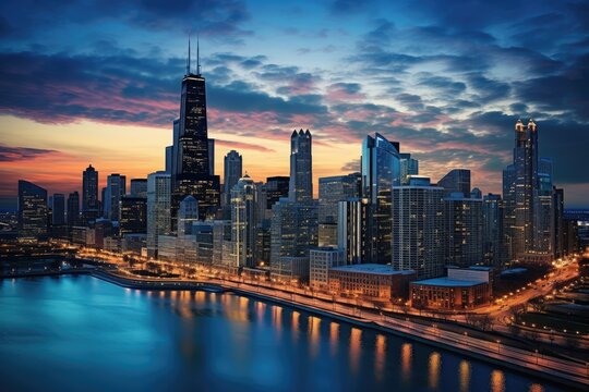 Chicago skyline at sunset, Illinois, United States of America, USA, Chicago skyline aerial drone view from above, AI Generated