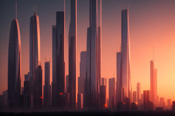 skyline vistas with sleek, futuristic skyscrapers illuminated by the warm glow of dusk