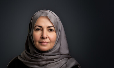 Naklejka premium Portrait of a veiled middle-aged arab woman looking at camera on a gray background