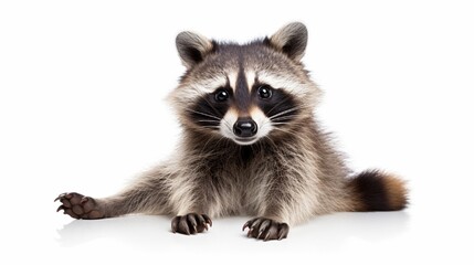 Raccoon sitting on a white background with one paw lifted.