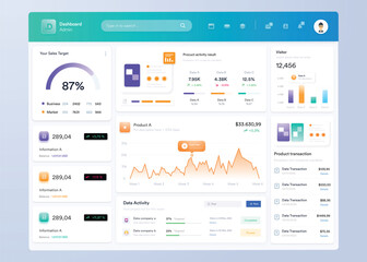 UI UX Infographic dashboard. UI design with graphs, charts and diagrams. Web interface template