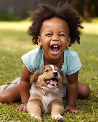 happiness casual relax leisure summertime playful smile kid playing cuddle hug hold with their love dog pet best friend plaing together in garden backyard sun set holiday vacation