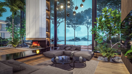 3d rendering of expensive cozy interior with green walls with living dining zone stair and kitchen for sale or rent. Warm interior lighting combined with cold light from night street