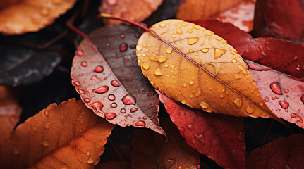 Close-up of autumn leaves with water drops, generative ai