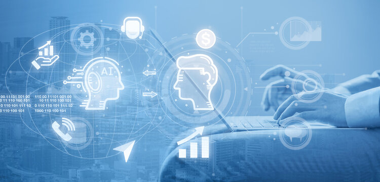 AI Programmer with laptop computer overlay ai connect with human infographics for artificial intelligence software engineer coding modern big data or machine learning concept