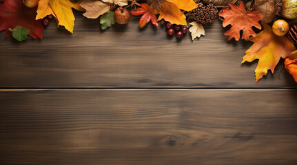 Festive autumn decor from colorful leaves, top border on wood background. Flat lay autumn composition with copy space. Generative ai