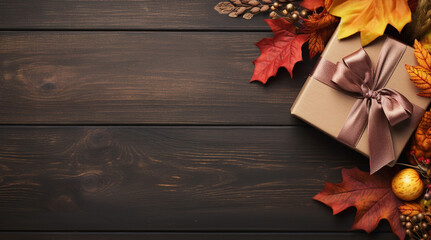 Festive autumn decor from colorful leaves and a gift box on a dark wooden background. Flat lay autumn composition with copy space. Generative ai