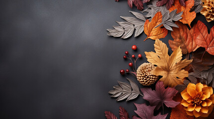 Festive autumn decor from colorful leaves, pine cones and a berries on a dark background. Flat lay autumn composition with copy space. Generative ai
