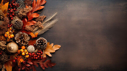 Festive autumn decor from leaves, pine cones and a berries on a dark background. Flat lay autumn composition with copy space. Generative ai