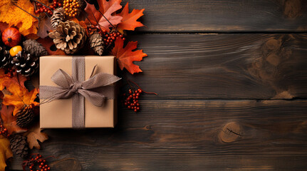 Festive autumn decor from leaves, pine cones and a gift box on a dark wooden background. Flat lay autumn composition with copy space. Generative ai
