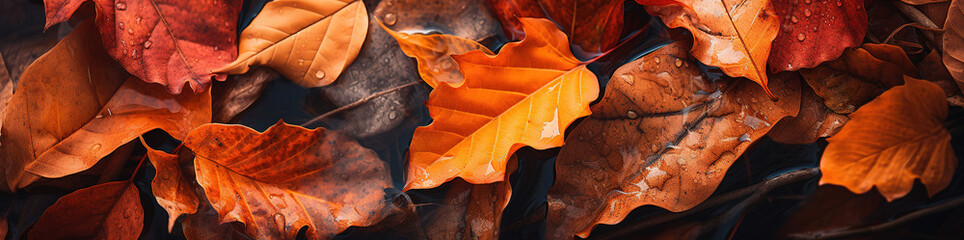 Autumn leaves with water drops, wide fall banner. Generative ai