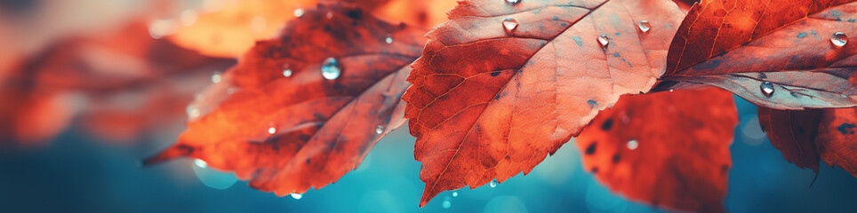 Leaves with water drops, close-up shot, autumn banner. Generative ai