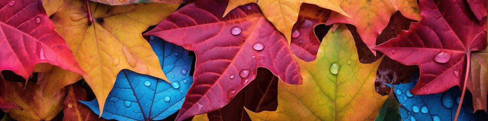 Colorful autumn banner with leaves and water drops. Generative ai