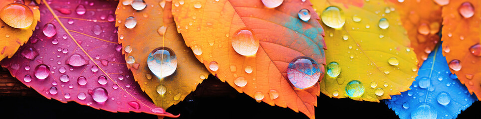 Colorful leaves with water drops, wide autumn banner. Generative ai