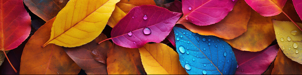 Vibrant, colorful leaves with water drops, wide autumn banner. Generative ai