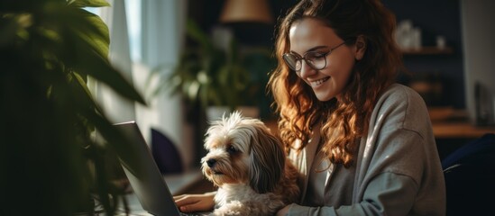 young adult woman working at home stay cuddle hand pet animal dog best friend in living room at home stay home with pet lifestyle concept - obrazy, fototapety, plakaty