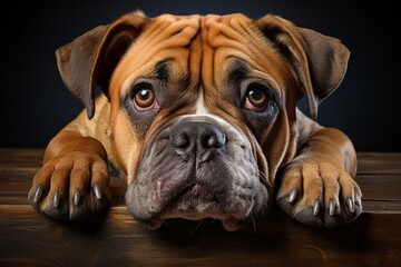 Contented Bulldog sitting with a wrinkled expression, Generative AI