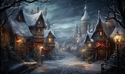 A charming winter small town with beautifully decorated houses and snow-covered trees in Christmas style. generative Ai